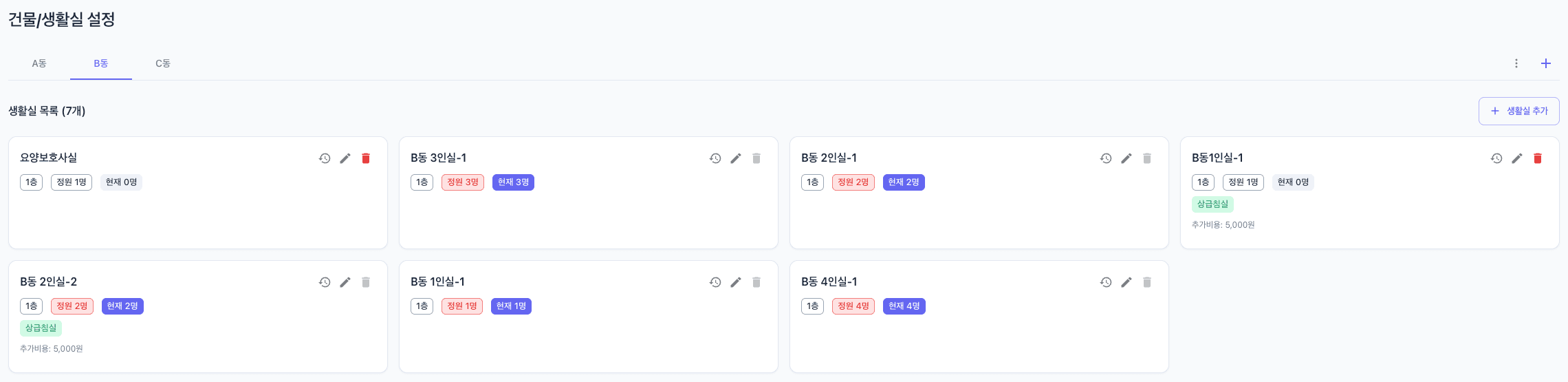 건물과 생활실을 등록하면 현황이 보입니다