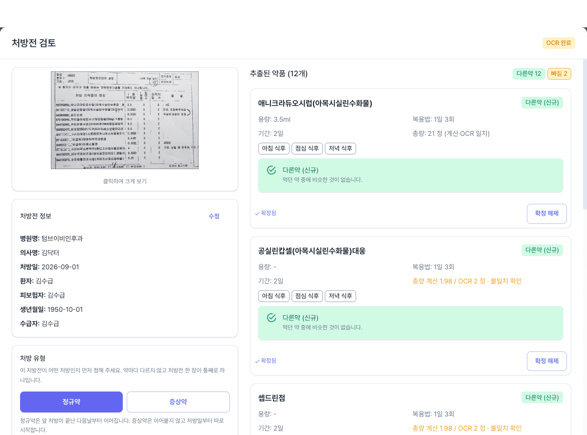 처방전 검토 화면 — 사진에서 뽑아낸 약품별 용량·복용법·기간과, 총량이 어긋난 건에 붙는 확인 표시